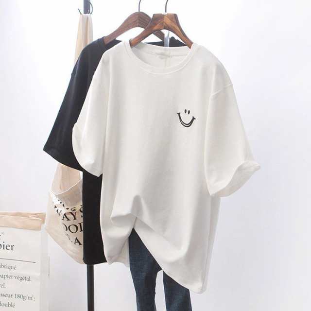 Tシャツ レディース きれいめ 40代 春夏 上品 ブラウス 半袖Tシャツ 2色 笑顔 白トップス Tシャツ 韓国風 ゆったりカットソー 綿 オシャレ 大きいサイズ