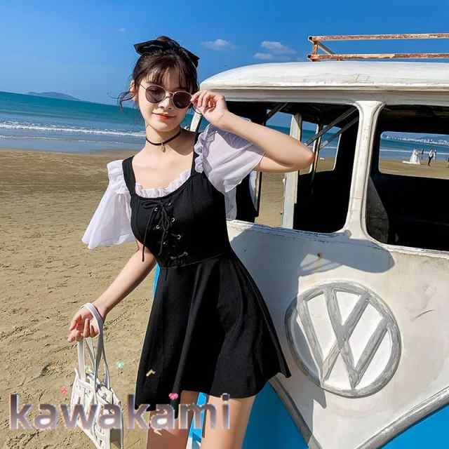 水着レディース 20代 10代 可愛い ワンピース 黒 スカート 洋服みたいな水着 プール 海 ビーチ 旅行 腕カバー 中学生 高校生 大人 おしゃれ フリル 人気