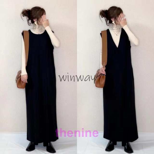 ワンピース 深Vネックベストワンピース ジャンパースカート ジャンスカ ロングワンピース Vネック 円ネック ２ways 袖なし 春服 秋服 秋冬40代50代60代コーデ